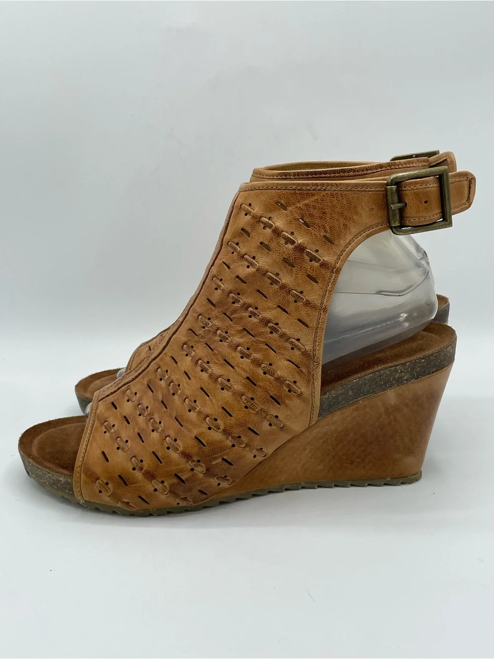Diba True Need Be Tan Distressed Boho Perforated Leather Wedge Sandals.
